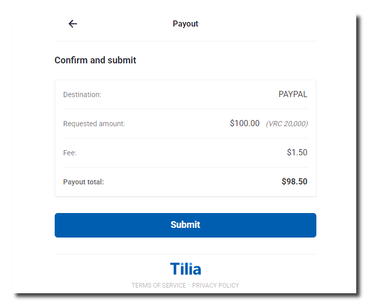 Tilia's confirmation screen, showing the destination, requested amount, fee, payout total, and a 'Submit' button.