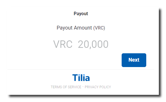 Tilia's Payout Amount screen showing 'VRC 20,000' and a Next button.
