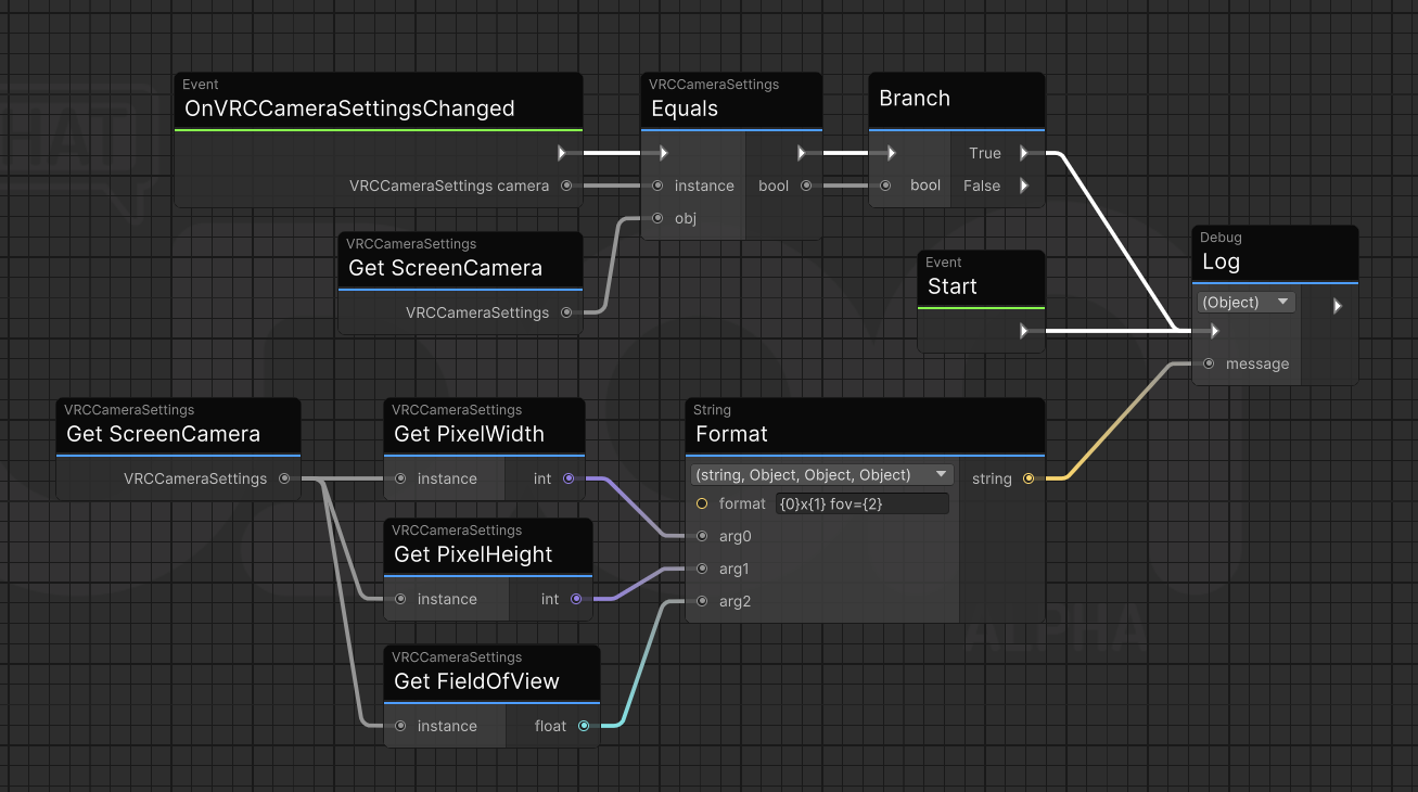 Udon graph that prints screen size and FOV on Start and whenever it changes.