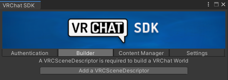 Adding a scene descriptor automatically via the VRChat SDK build panel.