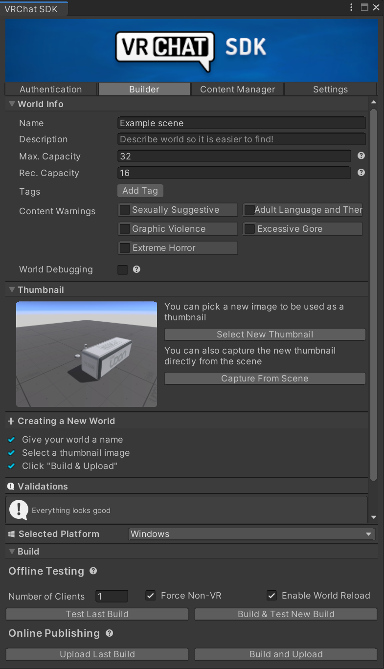 VRChat&#39;s SDK World build panel.