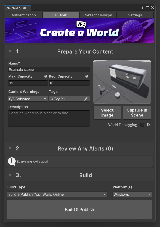 VRChat's SDK World build panel.