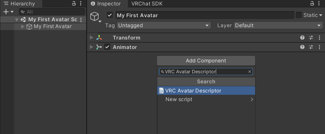 Add a `VRC Avatar Descriptor` to get started with your avatar.