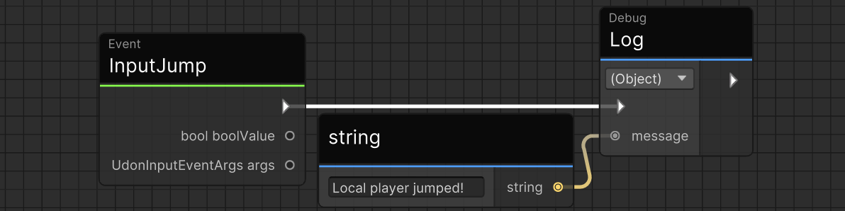 An Udon Graph showing the &quot;InputJump&quot; event, &quot;Debug Log&quot; node, and a string constant.