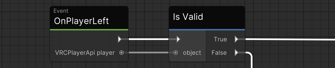 An Udon Graph screenshot showing the OnPlayerLeft event connected to an IsValid node.