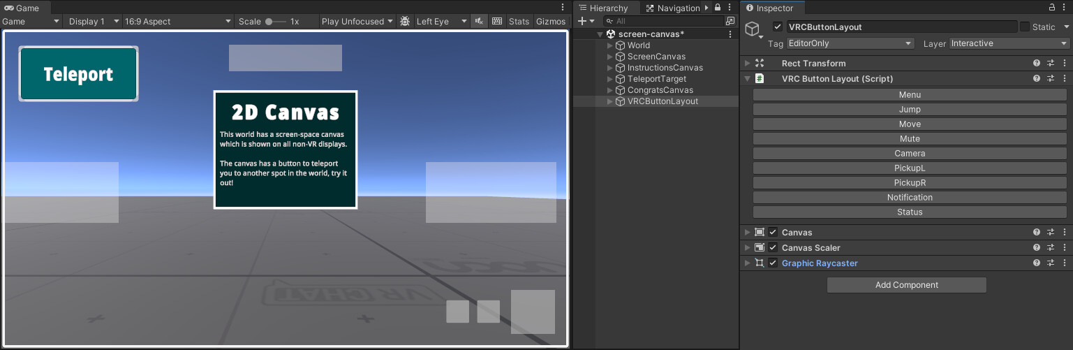 VRCButtonLayout in Game, Hierarchy and Inspector