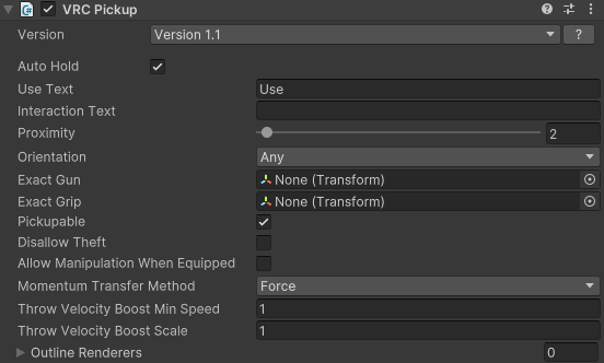 The VRC Pickup component in the Unity inspector