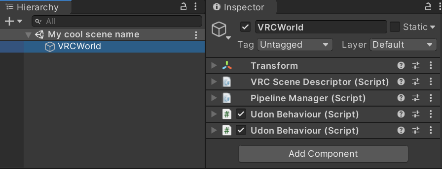 Adding a scene descriptor automatically via the VRChat SDK build panel.