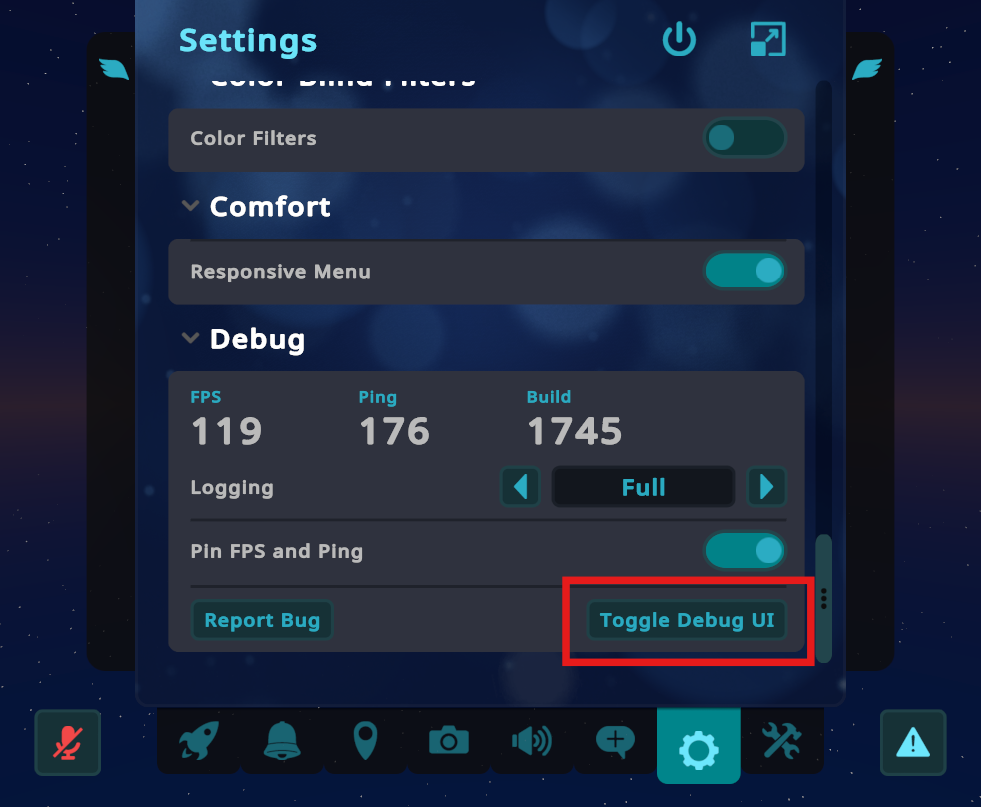 The "Toggle Debug UI" button on the Quick Menu Settings page.