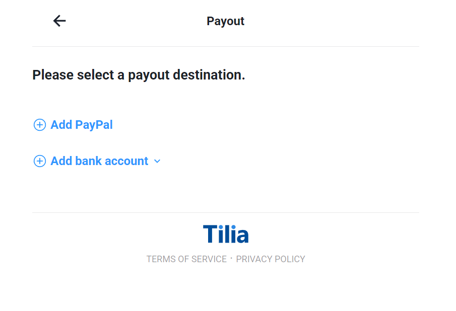 PayPalや銀行口座を追加できる支払い受取先画面