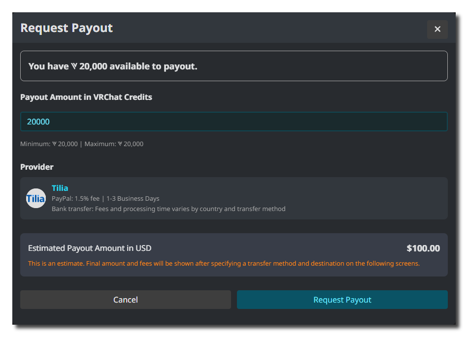 希望する払い出し金額を選択する「Request Payout(払い出し申請)」ウィンドウ。