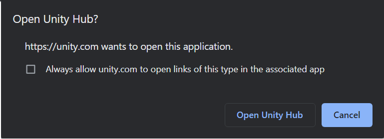 ブラウザで Unity Hub を開く許可を求められたら承諾します。