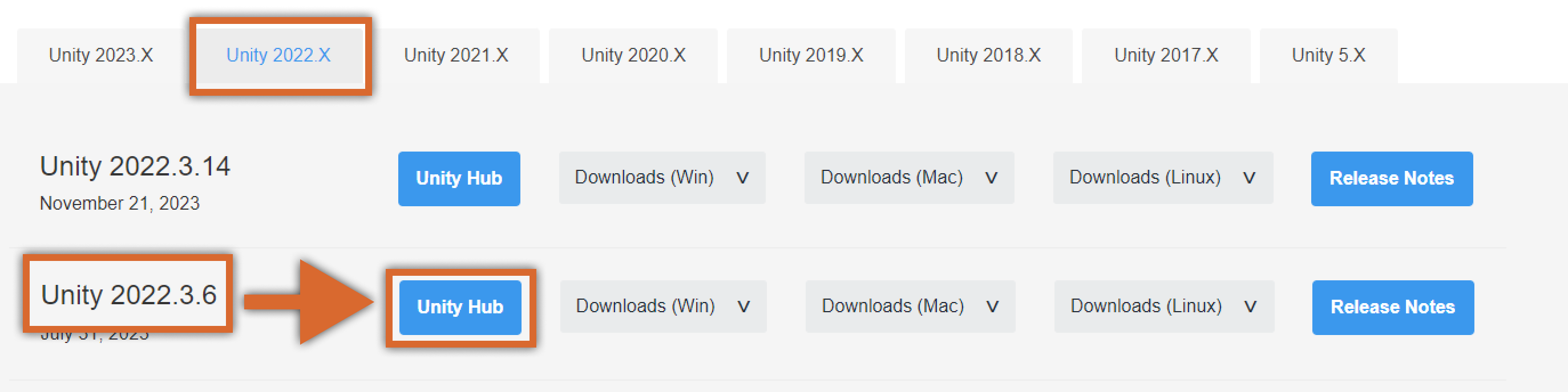 Unity アーカイブでインストールする適切なバージョンを選択します。