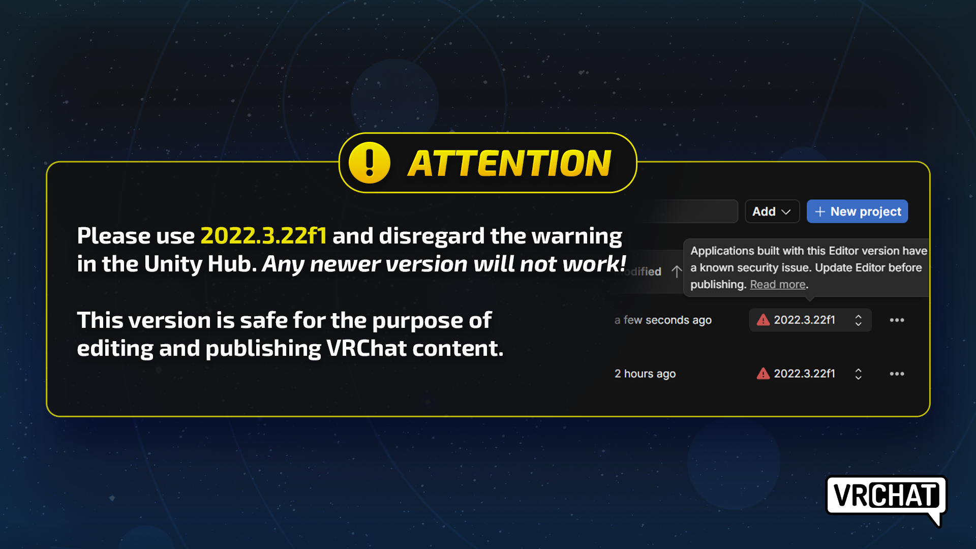 Unity Hubのスクリーンショット。VRChatコンテンツ制作の目的であれば、セキュリティ問題を示す赤い警告マークを無視するように指示するテキストが表示されている。