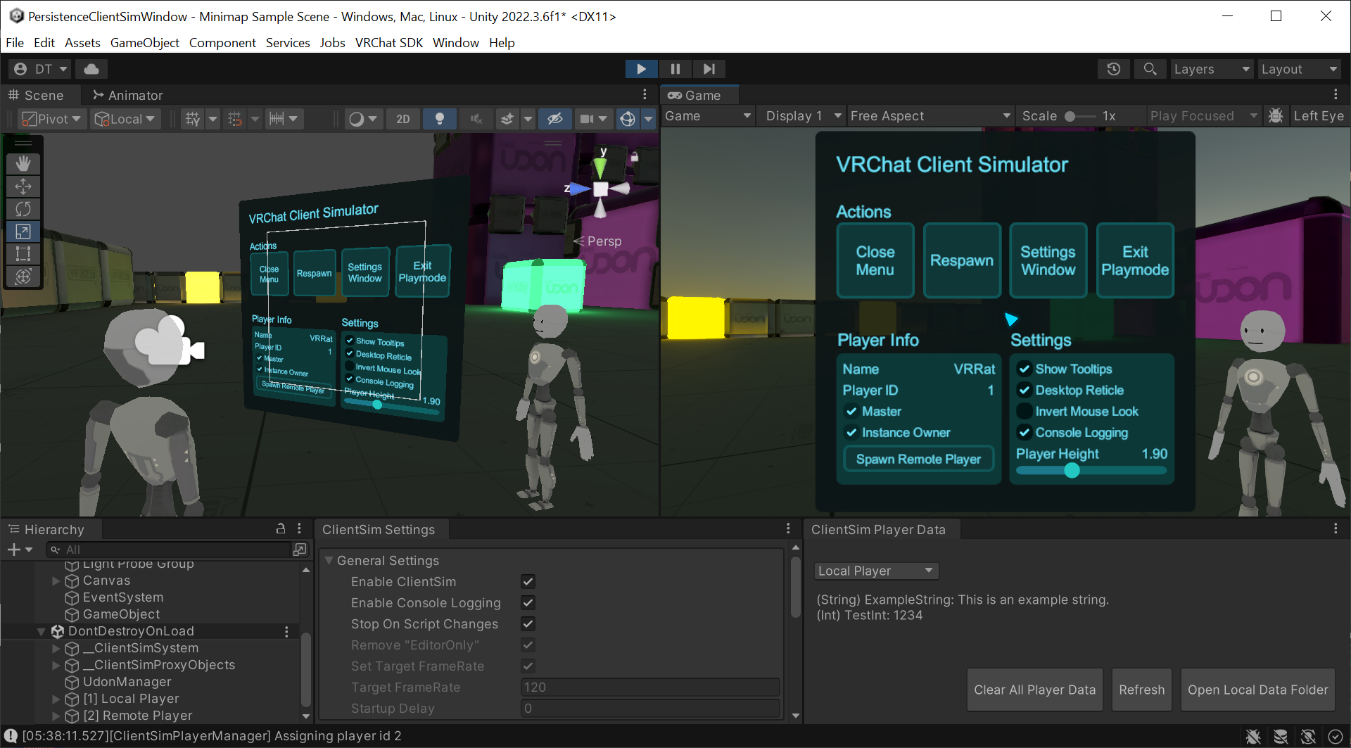 ClientSimのスクリーンショット。Sceneビューにはローカルプレイヤーとリモートプレイヤーが表示されています。GameビューにはClientSimの「Pause」メニューが表示されており、プレイヤーのリスポーン、リモートプレイヤーのスポーン、メニューの閉じるボタンやその他のオプションが確認できます。ClientSim SettingsウィンドウとPlayerDataウィンドウも表示されています。