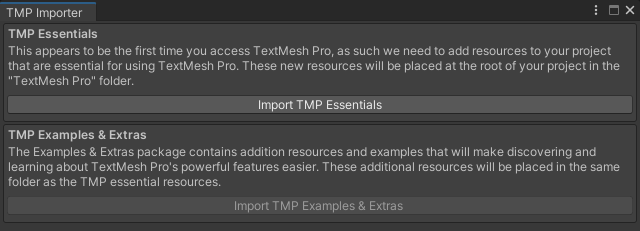TextMesh Proの必須アセットをインポートするためのプロンプト
