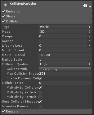 このパーティクルシステムはCollisionモジュールが有効で、モードが「World」および「3D」に設定されており、「Send Collision Messages」がオンになっています。