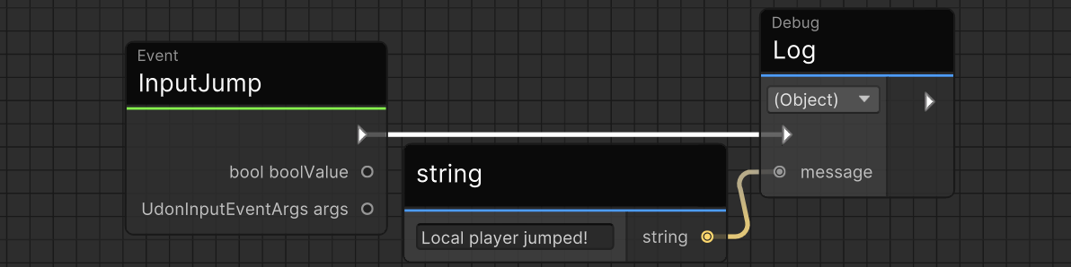 An Udon Graph showing the "InputJump" event, "Debug Log" node, and a string constant.