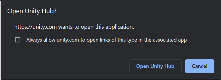 Accept the browser prompt to open Unity Hub.