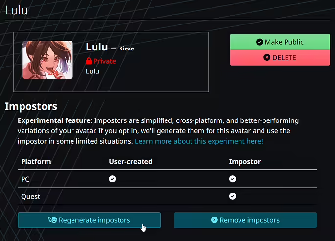 A screnshot of an avatar&#39;s page on vrchat.com. It allows avatar creators to (re)generate impostors and see which impostors have already been generated. You can see if impostors have been generated for PC and/or Android. You can also see if the impostor has been customized by the avatar creator.